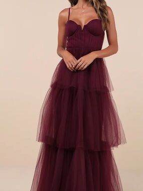 Lulu's Burgundy Tiered Tulle Maxi Dress